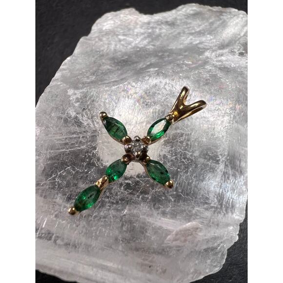 Vintage 14K Yellow Gold Emerald & Diamond Marquise Cross Pendant - Picture 10 of 16